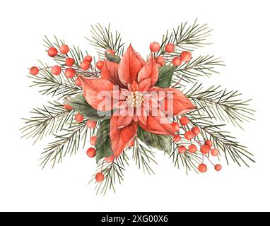 Weihnachtsstern mit Tannenzweigen und weihnachtlichen roten Beeren. Aquarell-Weihnachtskomposition im Vintage-Stil. Blumenstrauß zu Weihnachten und Neujahr Stockfoto