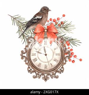 Vintage-Uhr mit roter Schleife, umgeben von Tannenzweigen und roten Beeren und einem Vogel. Aquarellkomposition im weihnachtlichen Stil. Zeichnung für das neue Y Stockfoto