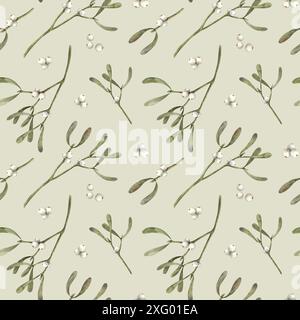 Nahtloses Muster von Aquarellmistel mit weißen Beeren auf hellgrünem Hintergrund. Weihnachtsmuster im botanischen Stil, für Silvesterverpackungen Stockfoto