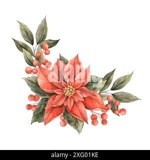 Weihnachtsstern und Beeren, Weihnachtsblumen und Weihnachtsstern in Rot und Grün. Botanische Komposition von Hand gezeichnet. Geeignet für Weihnachten Stockfoto
