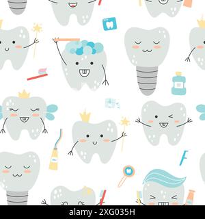 Nahtloses Muster mit kawaii-artigen Vektorzahnfiguren und Zahnpflegeartikeln auf einem isolierten weißen Hintergrund. Stock Vektor