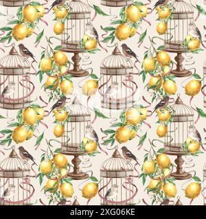 Nahtloses Muster von gelben Zitronen, Vögeln und Kupferkäfig mit Satinbändern auf beigem Hintergrund. Aquarellzeichnung im Vintage-Stil. Zeichnung für in Stockfoto