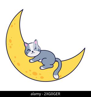 Süße graue Katze schläft auf dem Mond. Vektorabbildung. Stock Vektor