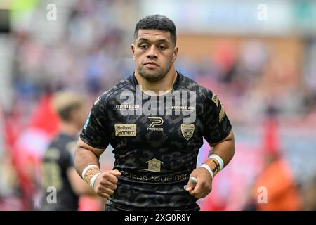 Wigan, Großbritannien. Juli 2024. John Asiata von Leigh Leopards während des Spiels Wigan Warriors vs Leigh Leopards im DW Stadium, Wigan, Vereinigtes Königreich, 5. Juli 2024 (Foto: Cody Froggatt/News Images) in Wigan, Vereinigtes Königreich am 5. Juli 2024. (Foto: Cody Froggatt/News Images/SIPA USA) Credit: SIPA USA/Alamy Live News Stockfoto