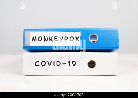 Die Wörter monkeypox und Covid-19 stehen auf einer Mappe, Ausbruch einer Virus-Infektionskrankheit, Verarbeitung der Pandemie, Beweisdokumente Stockfoto