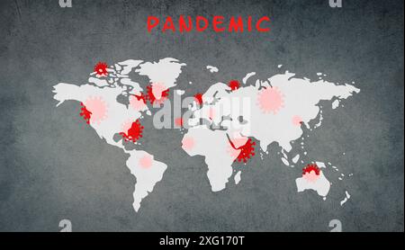 Weltkarte, Pandemie steht auf dem strukturierten Hintergrund, Ausbruch des Covid-19- und Monkeypox-Virus, Infektionskrankheit breitet sich aus Stockfoto