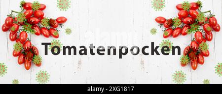 Die Worte Tomatenpocken stehen in deutscher Sprache auf einem Papier, Ausbruch des Virus in Indien, Verbreitung von Infektionskrankheiten Stockfoto