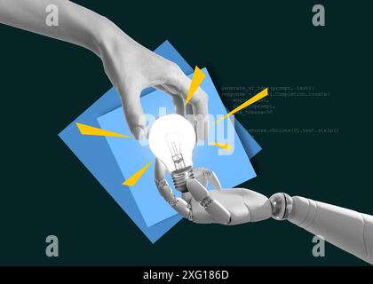 Frau, die Glühbirne berührt, gehalten von Roboterhand auf dunkelgrünem Hintergrund mit Computercode, kreative Kunstcollage. Konzeptionelles Poster über Idee und KI Stockfoto