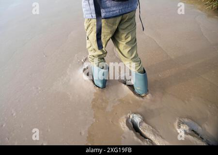 Der Mensch läuft mit Gummistiefeln auf dem wattenmeer, der Nordsee auf der Insel Romo in Dänemark, dem Ufer und den Schlammgebieten an der Küste, der Gezeitenzone Stockfoto