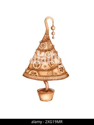 Weihnachtsbaum aus Metall mit Kugeln auf der Spitze im Steampunk-Stil aus Zahnrädern, Nüssen, Ketten, Aquarellabbildungen. Mechanisches Souvenir in der Techno-Stall Stockfoto