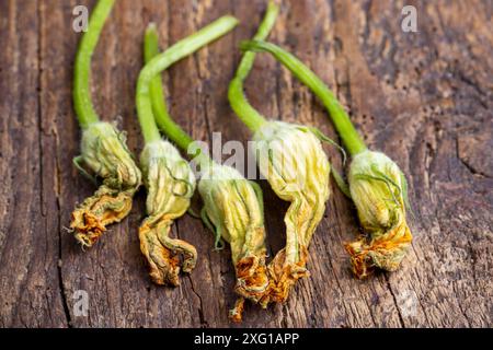 Zucchiniblüten auf dunklem Holz Stockfoto