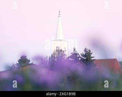 Weißer Glockenturm einer Kirche im Ritzing Burgenland Stockfoto