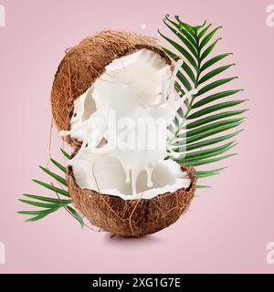 Kokosnüsse mit Palmblättern und Milchspritzern auf hellrosa Hintergrund. Stockfoto