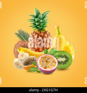 Exotische Früchte auf gelbem Hintergrund. Stockfoto