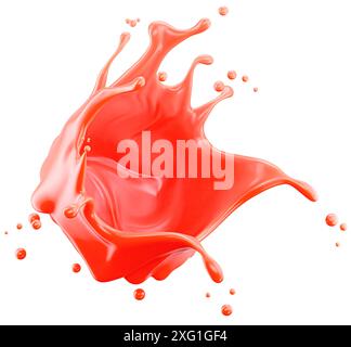 Tomatensaftspritzer isoliert auf weißem Hintergrund. Beschneidungspfad. 3D-Rendering. Stockfoto