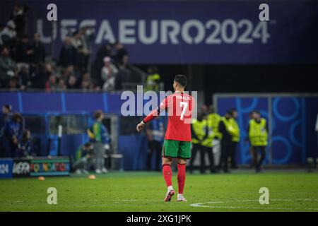 Hamburg. Juli 2024. Cristiano Ronaldo (Portugal) reagiert beim Viertelfinalspiel der UEFA Euro 2024 zwischen Portugal und Frankreich am 5. Juli 2024 in Hamburg. Quelle: Pan Yulong/Xinhua/Alamy Live News Stockfoto