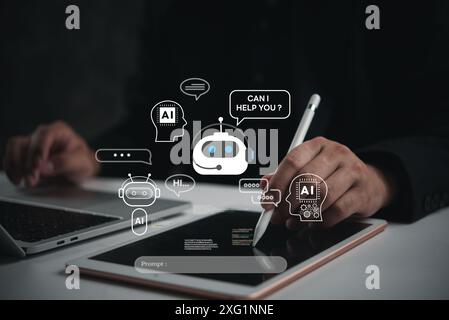 Hand mit Tablet mit KI-Chatbot-Symbolen, die digitale Unterstützung darstellen. Ideal für Kundendienstautomatisierung, KI-Interaktion und virtuellen Support Stockfoto