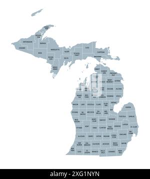 Michigan Countys, graue politische Karte. Ein Bundesstaat in der Region der Großen Seen im oberen Mittleren Westen der Vereinigten Staaten, unterteilt in 83 Countys. Stockfoto