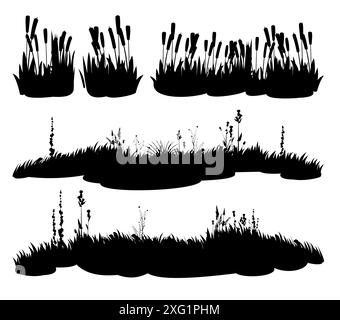 Set von Sumpfschilfen. Bild der schwarzen Silhouette isoliert auf weißem Hintergrund. Vektor-Flussufer. Küstenpflanzen. Tickets für wilde Triebe. Stock Vektor