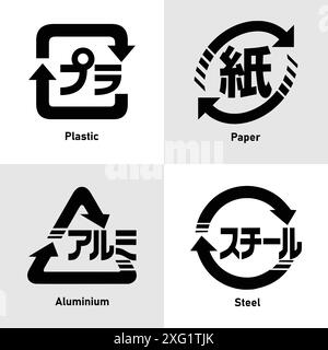 Japanisches Recycling-Symbol mit der Beschriftung. Kunststoff, Papier, Aluminium und Stahl. Satz japanischer Recycling-Symbole mit Etikett aus Kunststoff, Papier, Aluminium. Stock Vektor