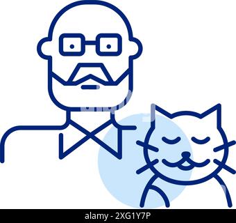 Älterer Mann und glückliche Katze. Seniorenbesitzer. Tierbegleitung. Symbol für Pixelperfekte, bearbeitbare Kontur Stock Vektor