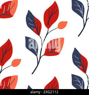 Nahtloses Muster. Einfache Anlage. Einfacher Zweig mit hellen Blättern. Weißer Hintergrund. Ornament im skandinavischen Stil. Hand ertrunken. Illustration des flachen Vektors Stock Vektor