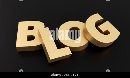 Luxuriöser Blog mit goldener Inschrift auf schwarzem Podium, weiches Licht, Vorderansicht glatter Hintergrund, 3D-Rendering Stockfoto