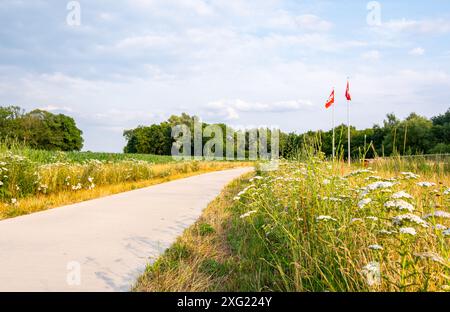 Schöne Aussicht auf eine Straßenkurve in der Landschaft im Sommer. Gut gepflegter Straßenrand mit gemähtem Gras. Gronau, Deutschland 2024. Stockfoto