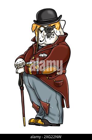 Lustige englische Bulldogge verkleidet als Gentleman. Steampunk-Hundezeichnung. Hund wie ein Mensch. Stockfoto