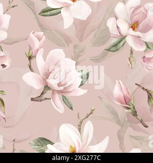 Hellrosa Magnolienblüten mit Blättern. Nahtloses Blumenmuster in Aquarellfarben auf pfirsichrosa Hintergrund. Frühlingsblüte für Blumengewebe, Kosmetikpacka Stockfoto