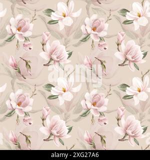 Hellrosa Magnolienblüten mit Blättern. Nahtloses Blumenmuster in Aquarellfarben auf beigefarbenem Hintergrund. Frühlingsblüte für Blumengewebe, Kosmetikverpackung, Stockfoto