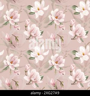 Hellrosa Magnolienblüten mit Blättern. Nahtloses Blumenmuster in Aquarellfarben auf pfirsichrosa Hintergrund. Frühlingsblüte für Blumengewebe, Kosmetikpacka Stockfoto