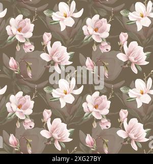 Hellrosa Magnolienblüten mit Blättern. Nahtloses Blumenmuster in Aquarellfarben auf braunem Hintergrund. Frühlingsblüte für Blumengewebe, Kosmetikverpackung, Stockfoto