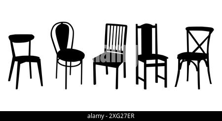 Sessel-Silhouetten-Set. Verschiedene Hocker, verschiedene Sitze. Büro-, Arbeitsplatz- oder Wohnzimmerstühle. möbelausstellung, Geschäft, Markt Online-Shop Design. Vektor Stock Vektor