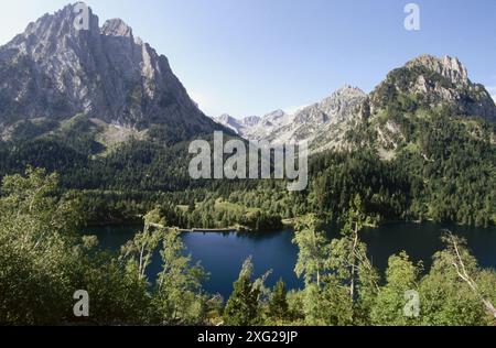 ELS Encantats. Estany de Sant Maurici. Parc Nacional D´Aigües Torten. Provinz Lleida. Katalonien. Spanien Stockfoto