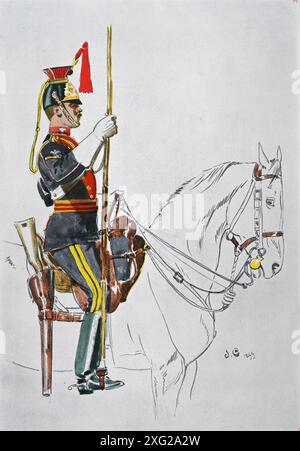 Geschichte, viktorianische britische Armee Militäruniformen, Soldat, 12th Royal Lancers, Kavallerie-Regiment der britischen Armee, das erstmals 1715 gegründet wurde. 1890er Jahre Stockfoto