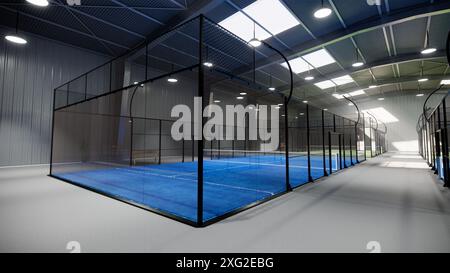 Vertikaler Blick auf leere grüne und blaue Eckansicht der Padel-Tennisplätze in einem Lagergebäude, das sich im Bereich des Sportkomplexes befindet. Wit Stockfoto
