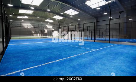 Ecke der blauen Padel-Tennisplätze in einem Lagergebäude, das sich im Bereich des Sportkomplexes befindet. Die Lichter sind immer noch an, obwohl es Tag ist Stockfoto