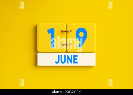 Gelber Kalender mit Datum des 19. Juni-Nationalen Unabhängigkeitstages auf gelbem Hintergrund. 3D-Rendering. Stockfoto