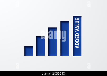 Mehrwert. Business Assets Value oder Service Quality Konzept. Balkendiagramm oder Diagramm mit dem Wort Added Value auf weißem Hintergrund. 3D-Rendering. Stockfoto