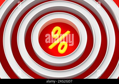 Zielsetzung eines Verkaufs-, Diskont- oder Zinskonzepts. Beleuchtetes Prozent- oder Prozentsymbol in der Mitte eines Ziels auf rotem Hintergrund. 3D-Rendering. Stockfoto