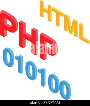 3D-isometrische Abbildung, die Programmiersprachen mit Binärcode darstellt Stock Vektor