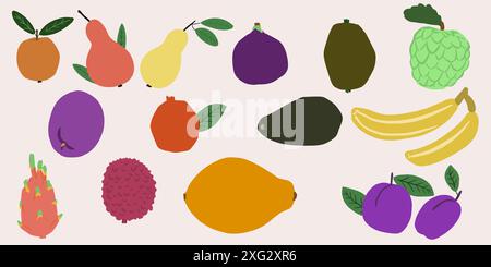 Süße Früchte. Vektor Cartoon Flat Set. Birne, Avocado, Banane, Pflaume. kiwi, Granatapfel. Stock Vektor