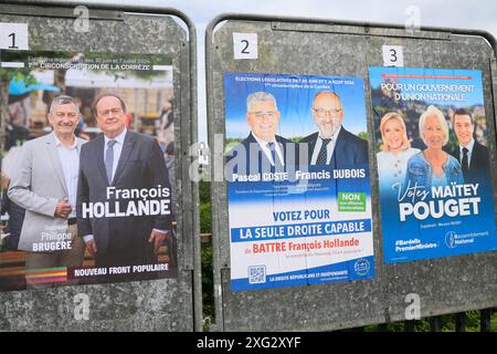 Corrèze, Frankreich. Juli 2024. Plakate der Kandidaten für die Dreieckswahlen der zweiten Runde der frühen Parlamentswahlen 2024 im 1. Wahlkreis Corrèze in Frankreich: Francois Hollande (neue Volksfront), Francis Dubois (republikanische und unabhängige Rechte), Maitey Pouget (Rassemblement National). Corrèze, Limousin, Frankreich, Europa. Foto von HM Images/Alamy Live News. Stockfoto