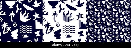 Set mit Boho groovy dack Blau und weiß Mustern. Vektor-Illustration Hintergrund im trendigen Retro naiven einfachen Stil. Stock Vektor