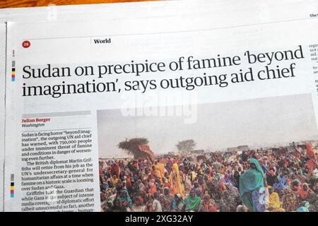 "Sudan am Rande der Hungersnot "jenseits der Phantasie" sagt scheidender Leiter der Hilfe" Guardian-Zeitung titelt UN-humanitäre artikel 1 Juli 2024 London Vereinigtes Königreich Stockfoto