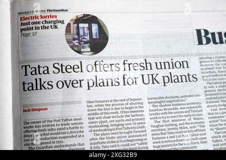 „Tata Steel bietet neue gewerkschaftsgespräche über Pläne für britische Werke an“ Guardian-Zeitung „Port Talbot Steelworks artikel 1 Juli 2024 London UK“ Stockfoto