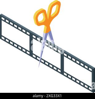 Eine Schere schneidet Filmstreifen, die die Bearbeitung von Filmaufnahmen für die Postproduktion darstellt Stock Vektor