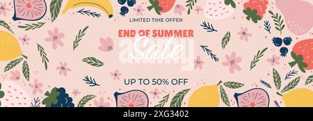 Lebendiges Banner mit Text zum Ende des Sommerangebots auf einem sanften rosa Hintergrund mit illustrierten Früchten, Blumen und Blättern wie Zitronen, Feigen, Erdbeeren, Heidelbeeren sowie rosa und grünes Laub Stock Vektor