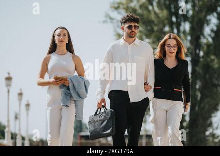 Geschäftskollegen, die im Freien unterwegs sind und verschiedene Gegenstände in einem professionellen Umfeld halten Stockfoto